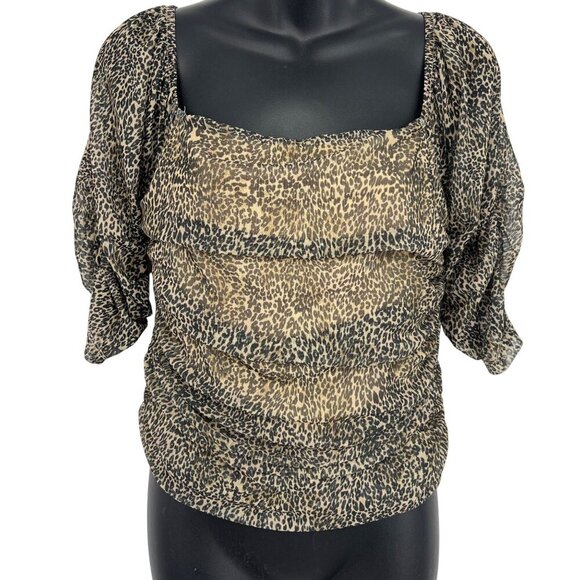 Anthropologie Top Blouse Medium Animal Square Neck Puff Short Sleeve Ruched New - Picture 3 of 9